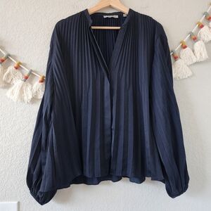 Vince Navy Pleated Long-Sleeve Blouse